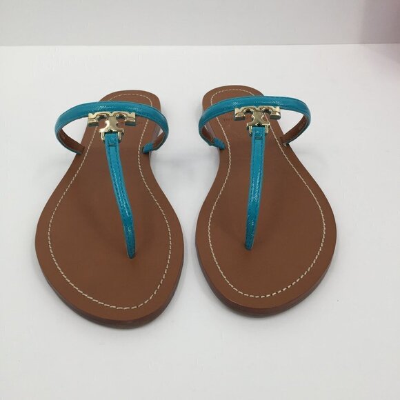 Tory Burch T Logo flat thong bright turquoise leather sandal 7 patent blue new - Picture 3 of 6